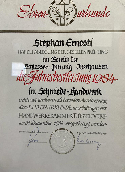 Stephan Ernesti 1984 Schmiede-Handwerk Ehrenurkunde