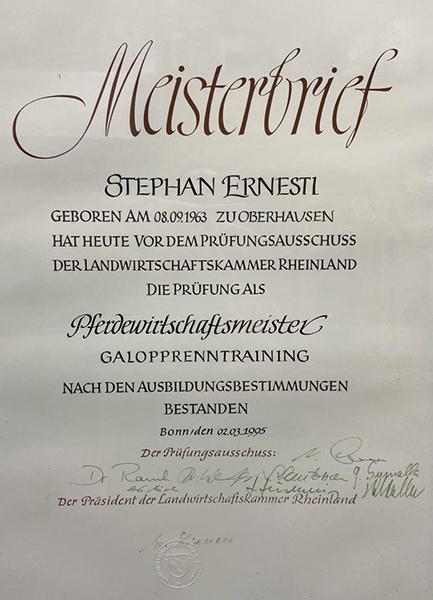 Stephan Ernesti 1995 Meisterbrief Pferdewirtschaftsmeister
