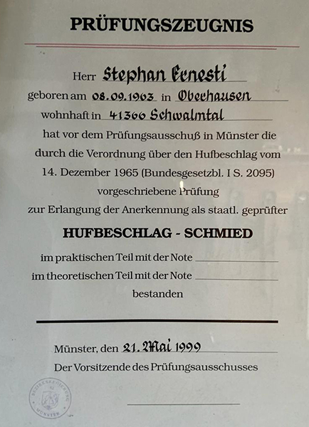 Stephan Ernesti 1999 Hufbeschlag-Schmied Prüfungszeugnis